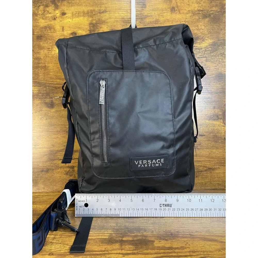 Versace Parfums Black‎ Blue Nylon Roll-Top Backpack Greek Key Straps Promotional